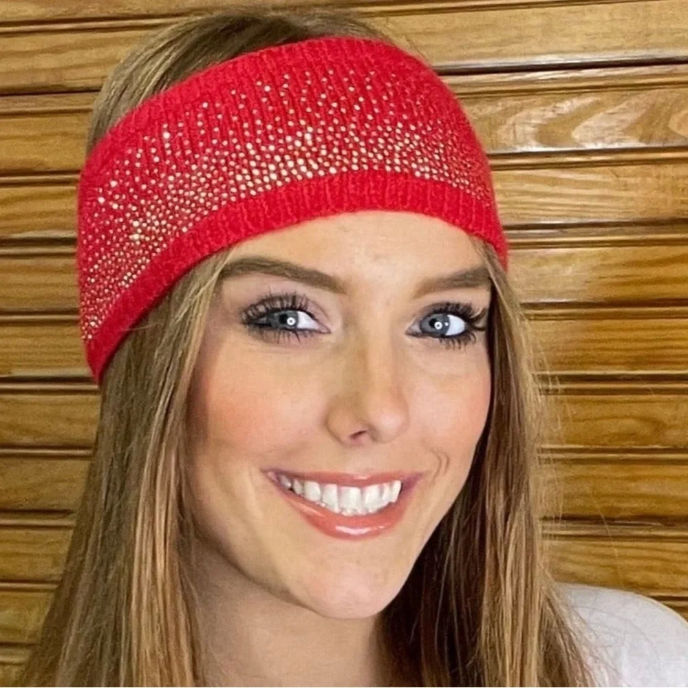Women's Fine Knit Headband with Rhinestone Studs, Soft Lining